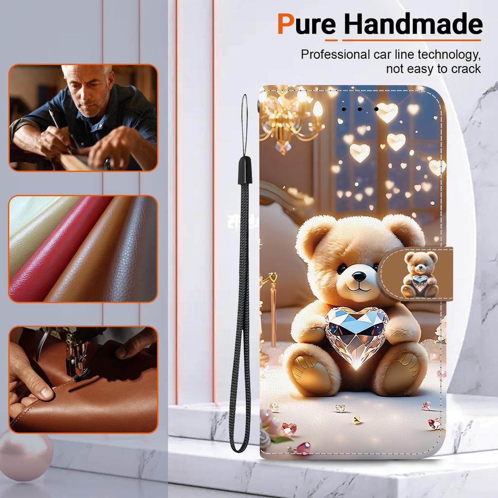 Handmade PU Leather Flip Case for Samsung A06/A06 5G (SM-A065F/A066B/A066M)- Anti-Slip Shockproof Cover with Wrist Strap & Heart/Rose Cat Designs