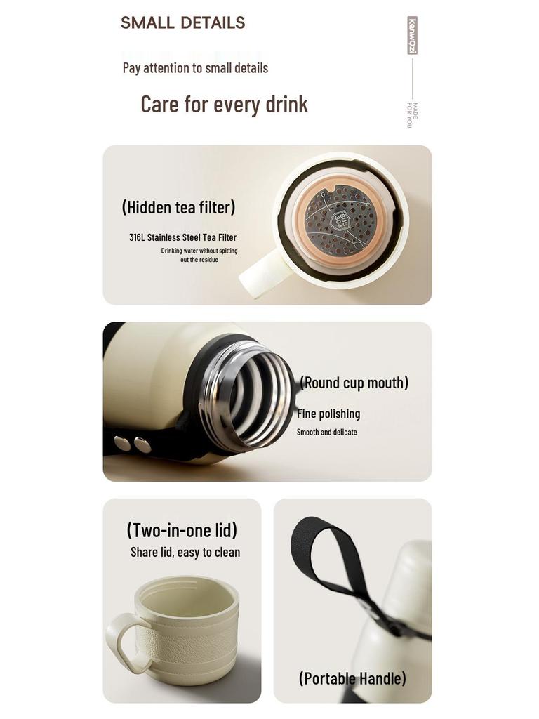 Large Capacity Double-Lid Stainless Steel Insulated Cup with Tea Separator for Men and Women - Portable, Car-Friendly, and Outdoor Ready