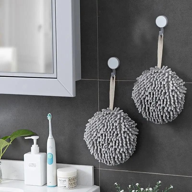 1pc Hanging Chenille Hand Wipes Kitchen Bathroom Hand Towel Ball with Hanging Loops Quick Dry Soft Absorbent Microfiber Towels