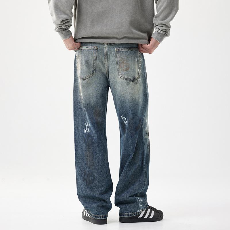 Loose version of jeans men's autumn and winter new washed old straight American street cleanfit retro jeans