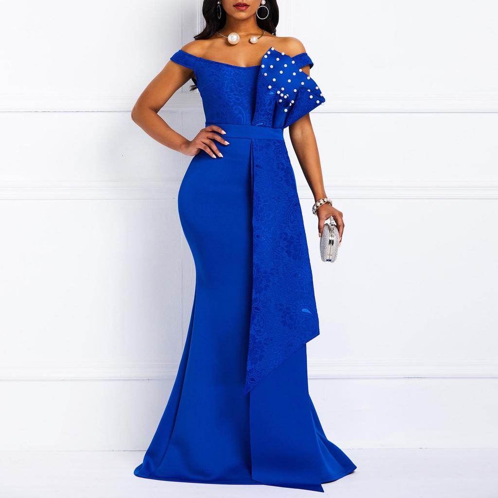 Cross-border INS One-Shoulder Lace Bubble Bead Dress