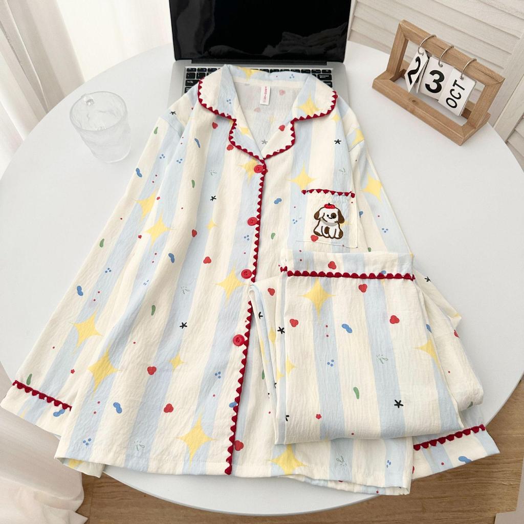 Shell Edge Cloud Cotton Long Apple Puppy Pajamas - Women's Long Sleeve Spring Autumn Home Wear Set