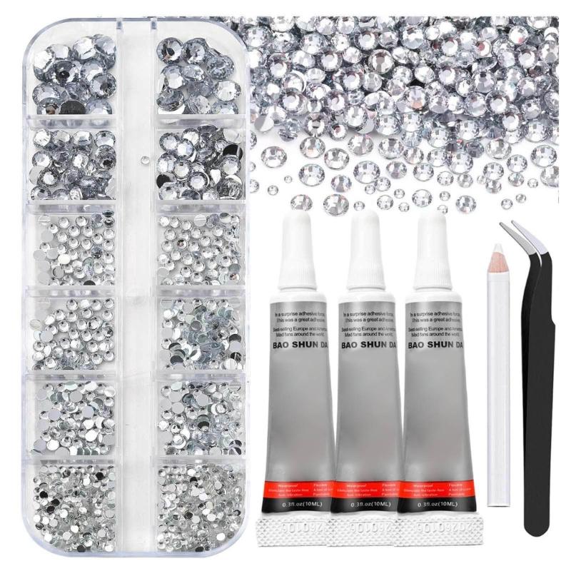 12 Color Transparent Nail Art Rhinestones Kit With 6 Shapes For DIY Manicure Includes Tweezers And 3 Glues