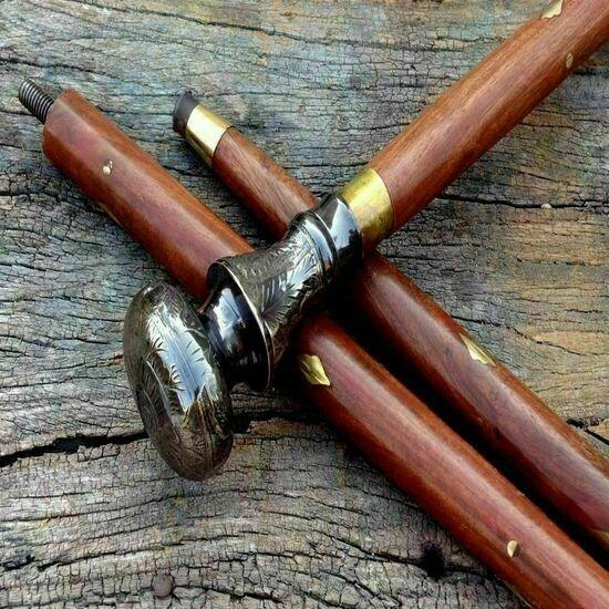 Antique Brass Designer Handle Wooden Walking Cane Stick Vintage Victorian