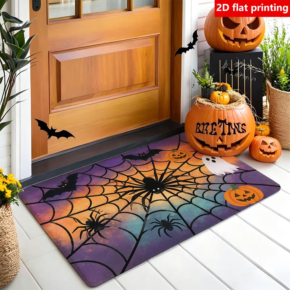 1pc 2D Flat Printing Gradient Spider Web Ghost Halloween Indoor Entrance Printed Non-Slip Absorbent Mat, for Indoor, Bedroom, Outdoor, Bathroom And Ha