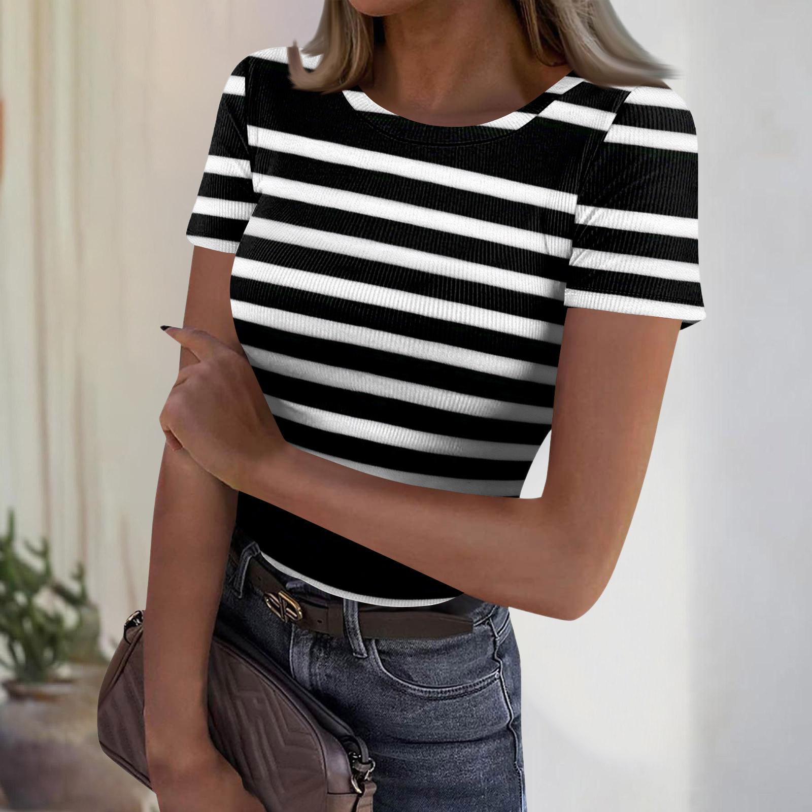 Women s Casual Fashion Round Neck Striped Print Short Sleeve Ribbed Top L