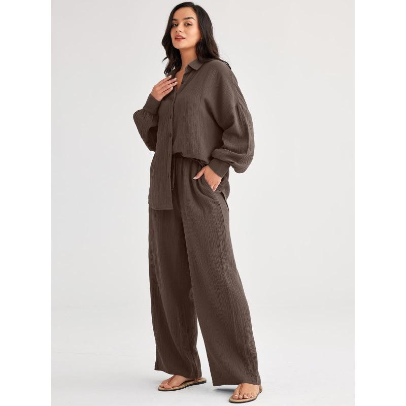 Women's Casual Long Sleeve Shirt and Wide Leg Pants Set In Multi Colors