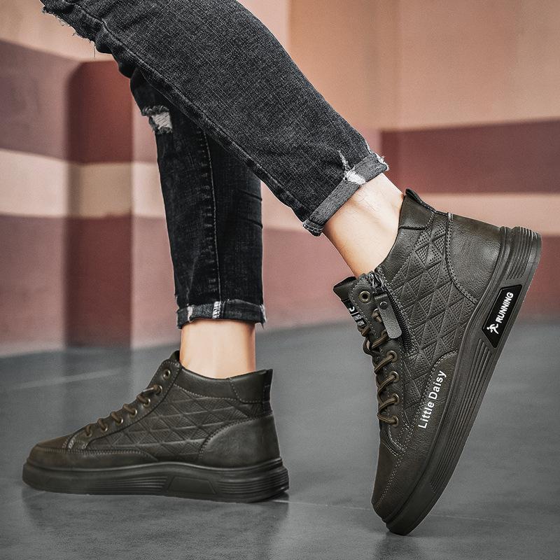 Men'S Shoes Autumn Leather Surface High-Top Board Shoes Lace-Free Zipper Fashionable Comfortable Breathable Men'S Shoes