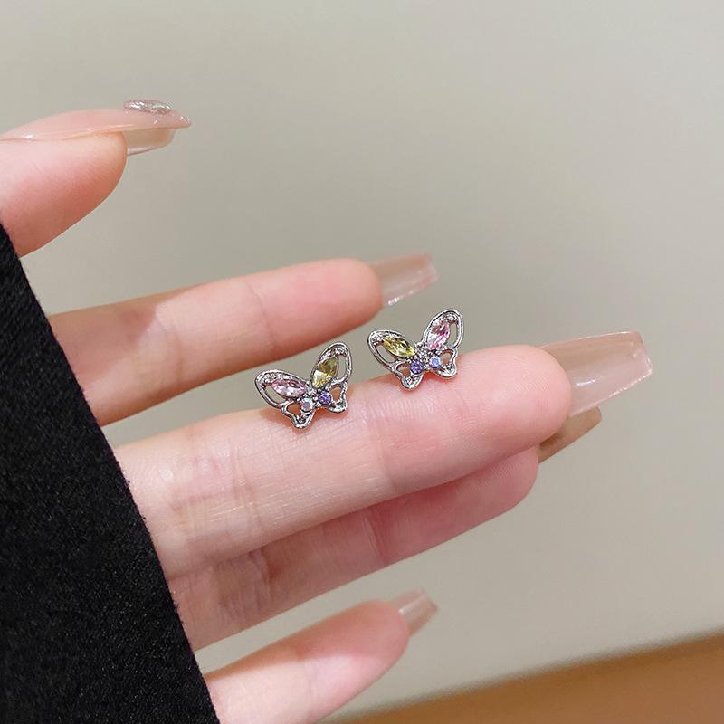 S silver needle high-end color rhinestone butterfly stud earrings women s new light luxury niche design earrings