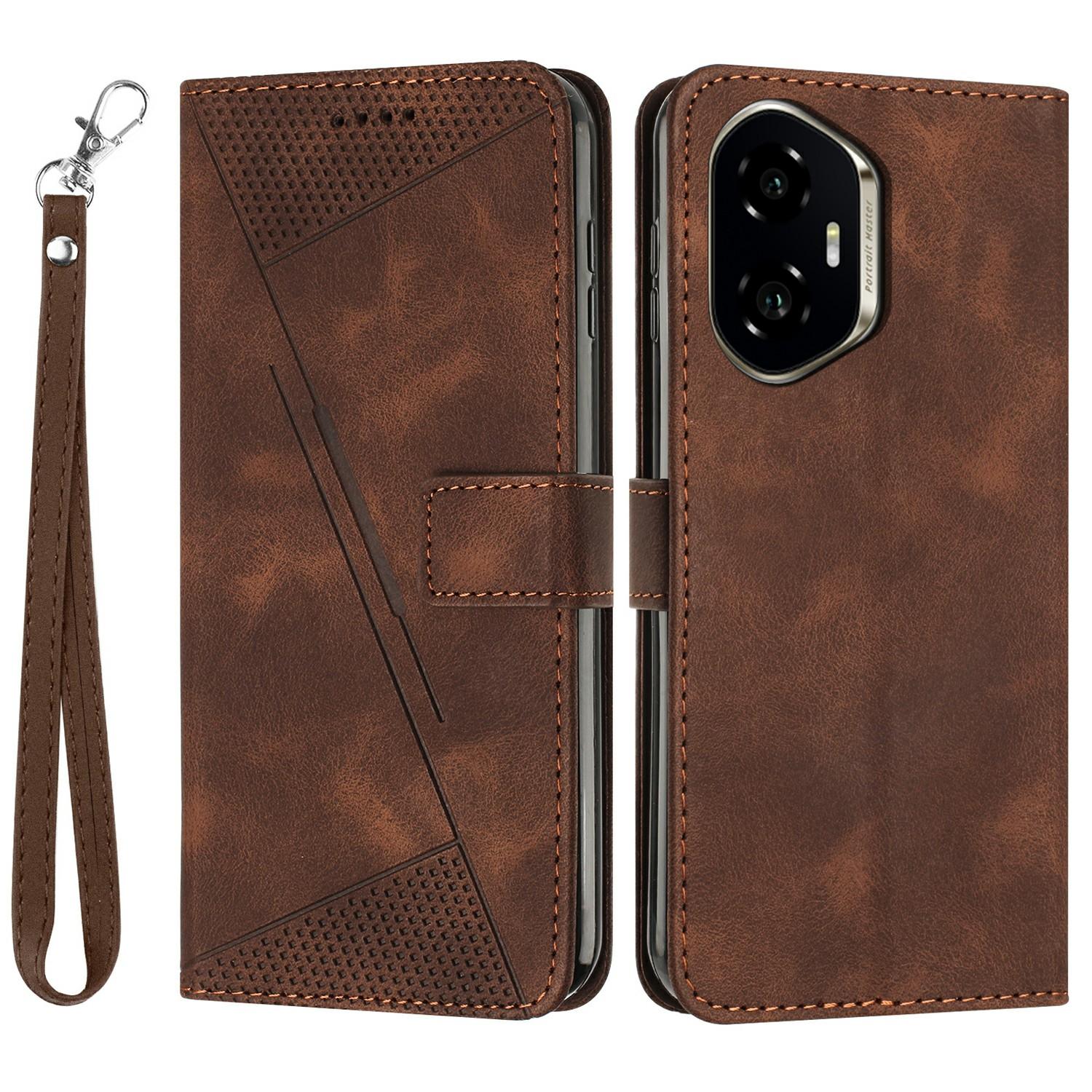 

For Honor 300 Case Handbag Imprinted Triangle Leather Phone Cover Brown