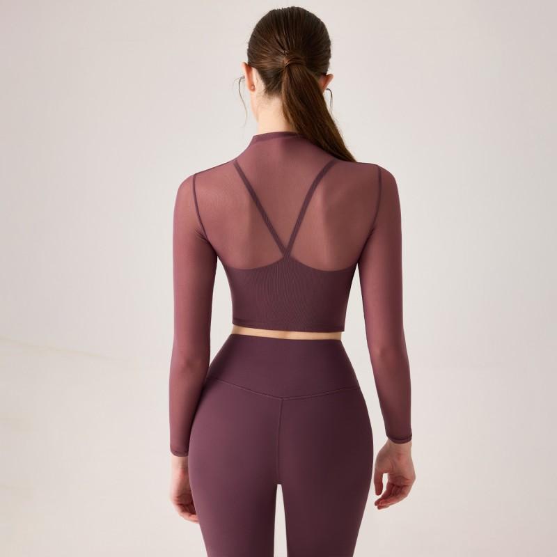 Womens Long Sleeve Yoga Top With Cutout Detail High Neck Breathable Mesh Fitness Wear