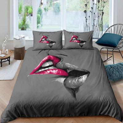 Capa de edredom com lábios rosa e cinza, estampa de beijos, edredom com tema sexy, tamanho king, conjunto de cama de solteiro para mulheres, meninas, amantes