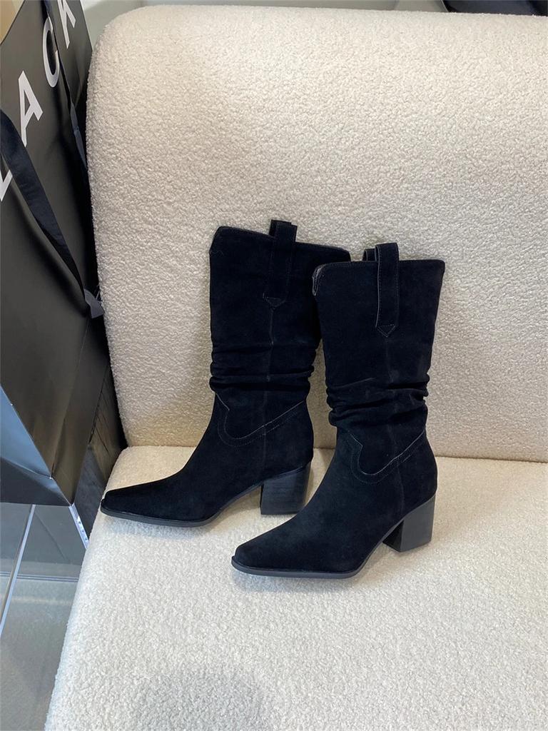 Women's Boots 2024 Classic New Pointed Toe Women's Mid Calf Boots Solid Simple Suede Platform Boots Botas Altas Plataforma Mujer