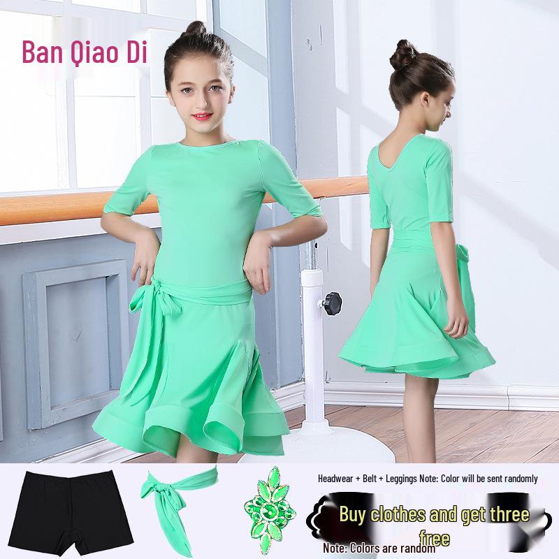 Girls Short-Sleeve Latin Dance Skirt – Spring/Summer Competition and Practice Costume 140