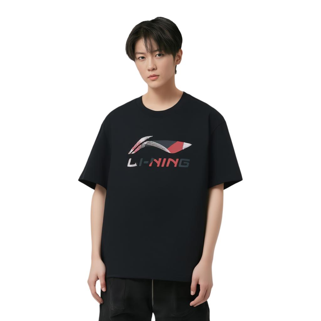 Serie de Tendencias Deportivas Li Ning Camiseta Informal Minimalista de Color Sólido con Cuello Redondo de Manga Corta para Hombre Camisetas Negras AHSV161-2