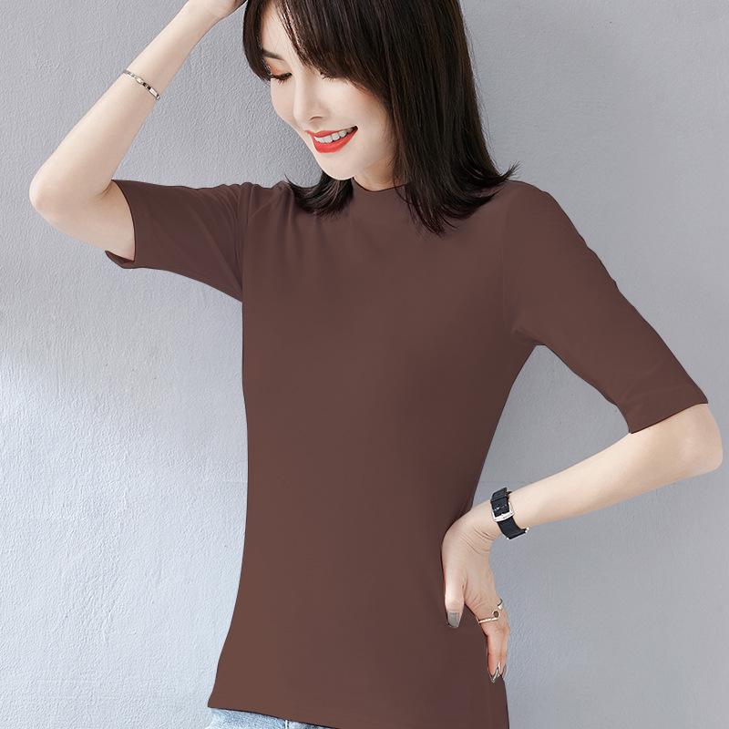 Women's Slimming Fitted T-Shirt: Round, V-Neck, or Mock Neck; Short or Three-Quarter Sleeves; Semi-High Neck Basic Top.
