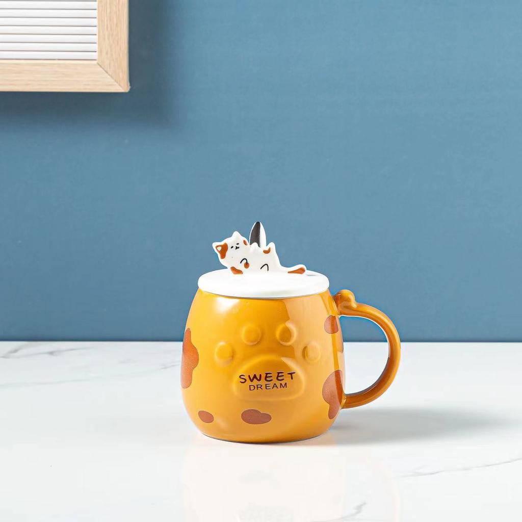 Tasse en céramique Chat avec couvercle et cuillère Petit cadeau d'ouverture Tasse à grande capacité Résistance aux hautes températures Tasse pour couple Fille de dessin animé
