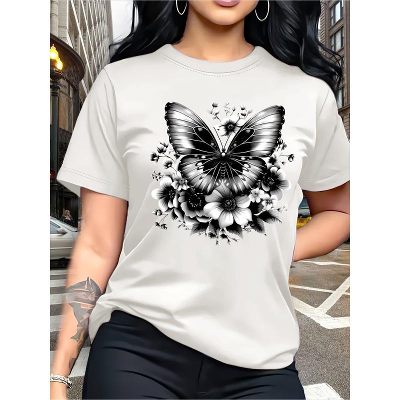 

Жіноча футболка з принтом метеликів, круглим вирізом, коротким рукавом, зі 100% бавовни, з дизайном для термопереносу, повсякденна, для вулиці, дому, літня, стильний подарунок, базова футболка 4XL білий