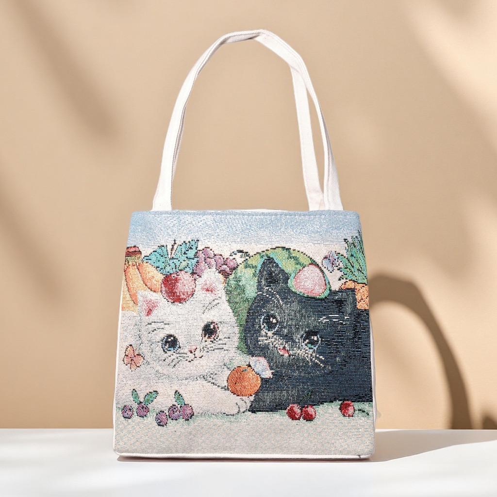Panda Pattern Canvas Handheld Bag With Embroidery For Casual Day Use