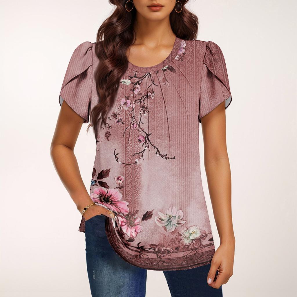 Damen Modisches Rundhals Kurzarm Bedrucktes Lässiges Basic Plissiertes Pullover T-Shirt Top