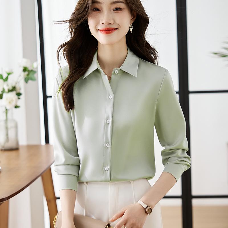 Women's Retro Hong Kong Style Satin Lapel Shirt - Spring/Autumn 2025, Professional Commute Chic, Long Sleeve Top