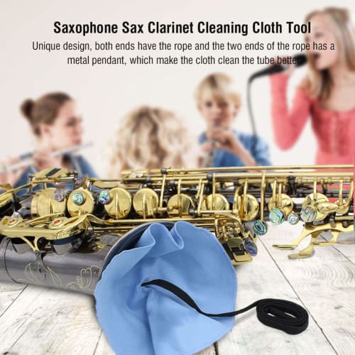 Reusable, absorbent cleaning swab for wind instruments, including saxophone, alto, tenor saxophone, and flutes. Blue maintenance tool.
