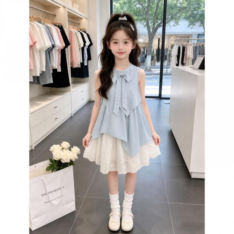 Girls Princess Dress Sleeveless Sweet Bow Solid Color Kids Over 4 Y.O.