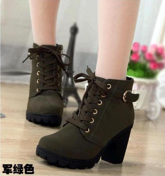 Boots Women Shoes Women Fashion High Heel Lace Up Ankle Boots Ladies Buckle Platform Artificial Leather Shoes Bota Feminina