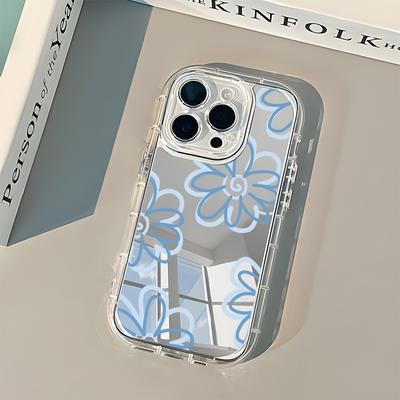 Light Blue Floral Pattern Back Mirror Phone Case For iPhone 17 16 15 Pro 14 13 12 11 Pro Max 7 8 Plus 17 Air X XR XS Soft Cover
