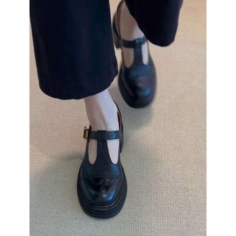 Cowhide model~ thick-soled Mary Jane single shoes women's black leather shoes high heels thick heel retro height-increasing small leather shoes