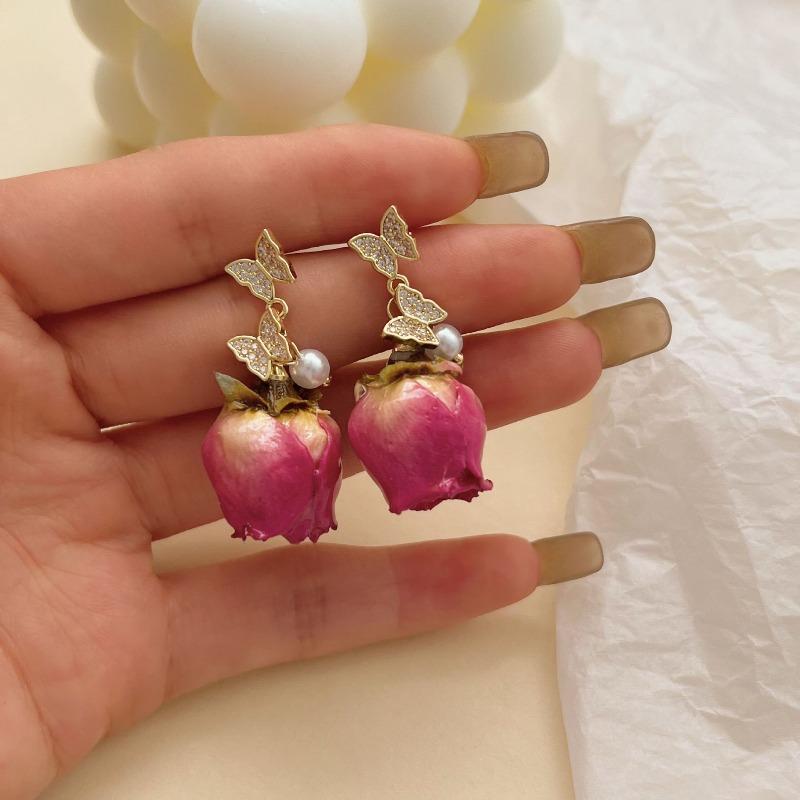 Dried Rose Earrings - Retro Port Style Niche Design - Premium Everlasting Flowers Double Butterfly Shell Bead Earrings
