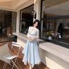 Temperament Blue Irregular Oblique Cut Splicing Strap Waist Strap Dress Fashionable Versatile Job Search Season Niche