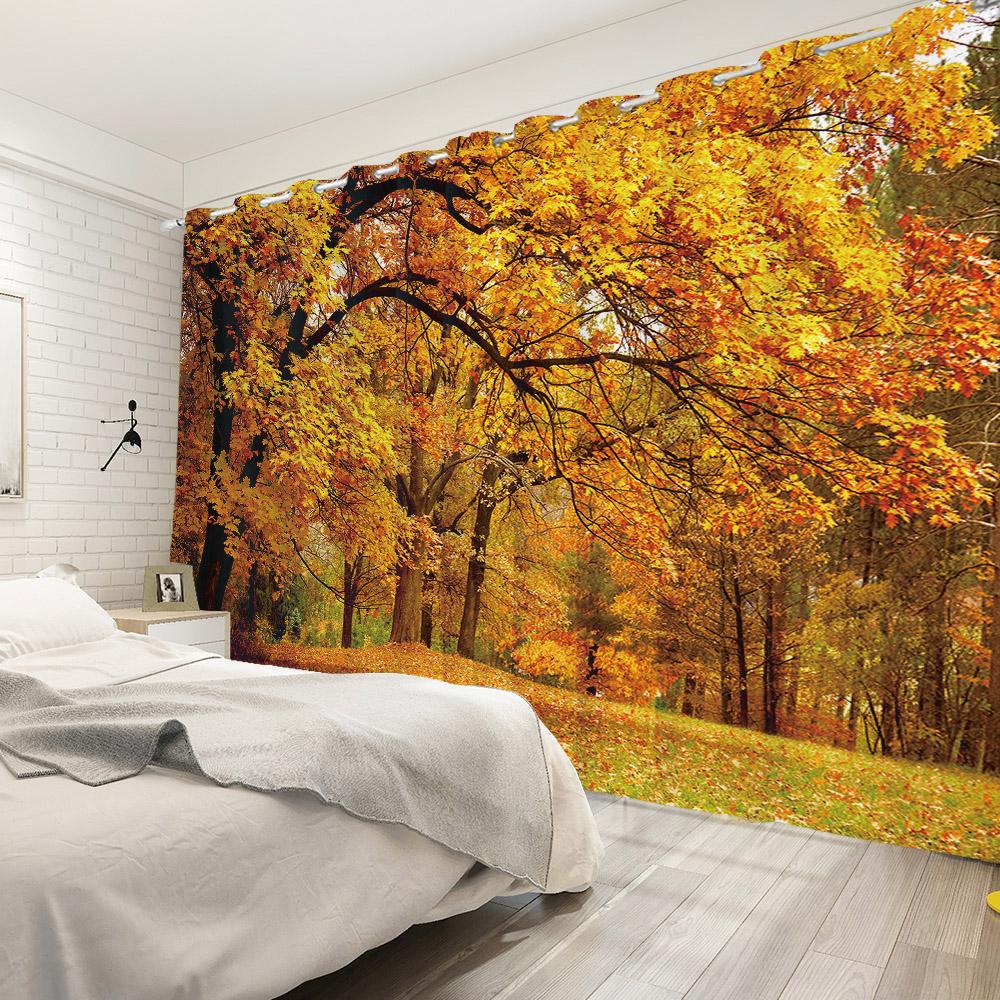 Modern Autumn Forest Curtains Fall Woodland Scenery Panels Window Curtain Bedroom Living Room Darkening Drapes Made Of Polyester Decor