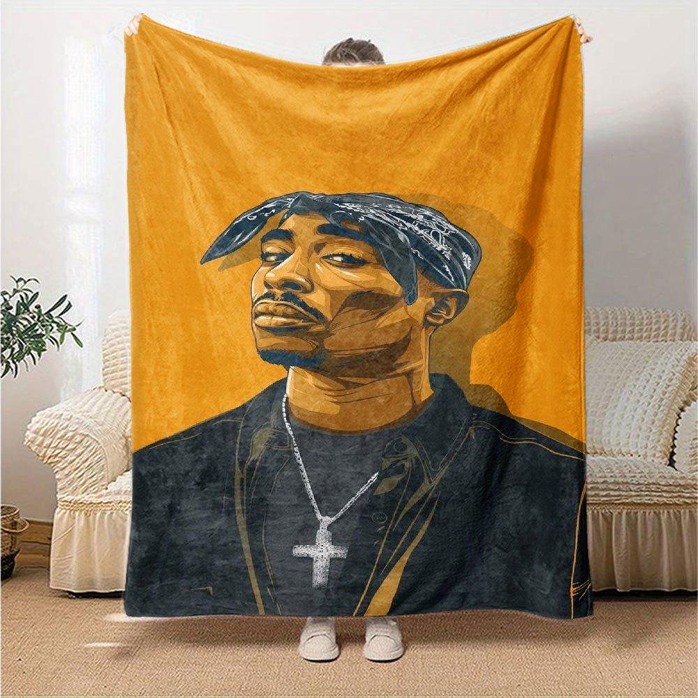 1pc 2PacHip Hop Blanket Soft Lightweight All Season Multi Purpose Throw for Sofa, Bed, Office & Picnics, French Style with Iconic Album Art & Quotes