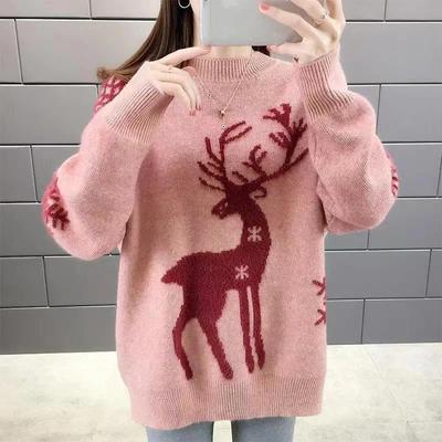 Women Loose Round Neck Pullover Knit Sweater With Deer Jacquard