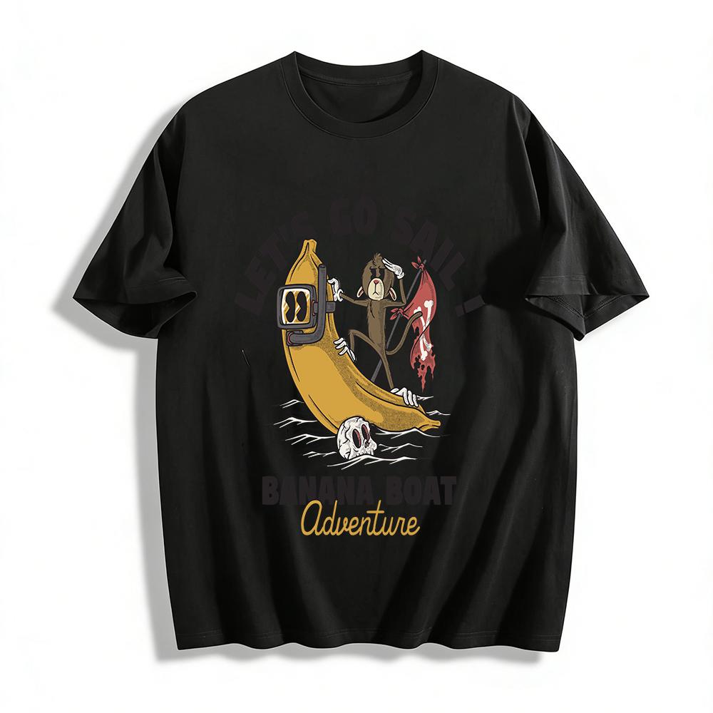 

Funny Monkey Banana Boat Sailing Print T-shirt Creative Pirate Style Adventure Themed Casual Short Sleeve Top Pure cotton T-shirt XXS