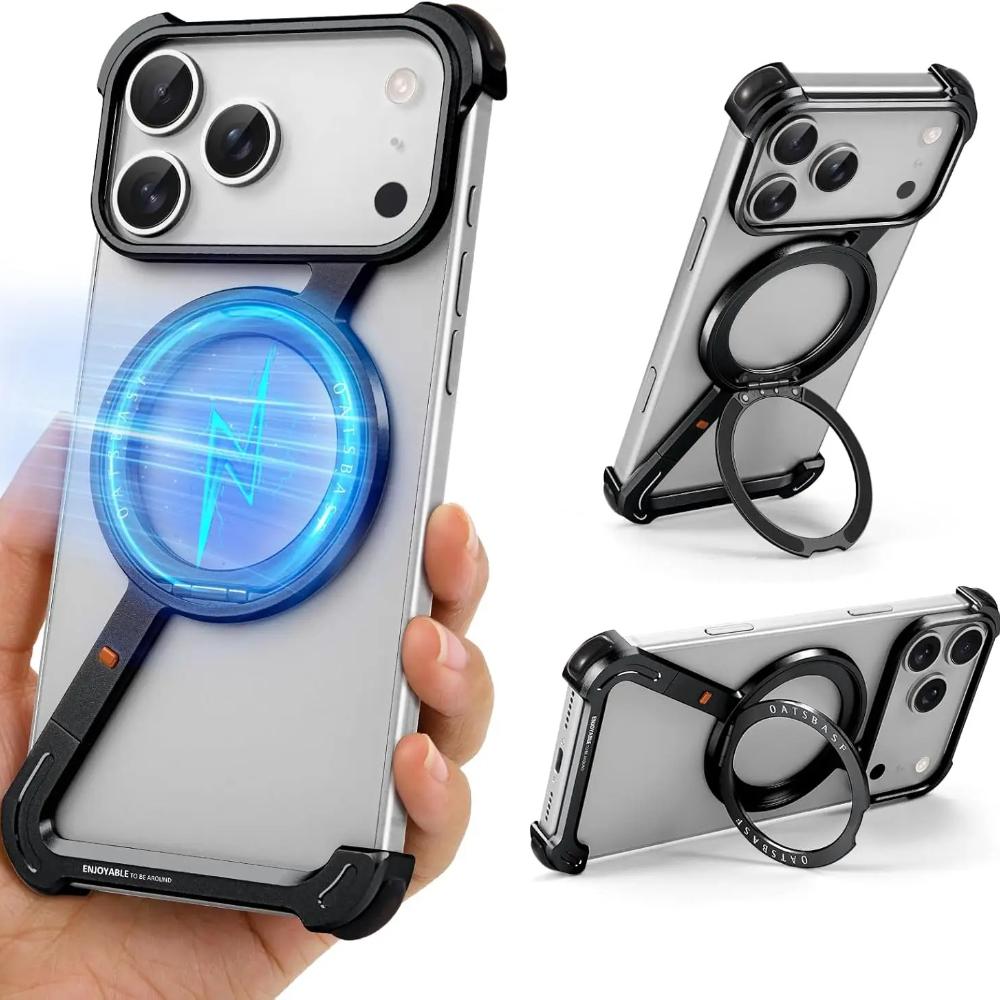 Minimalistisk Z Rammeløst Deksel For iPhone 17 Pro Max Air Rammeløs Metallringstativ 360 Roterbart Magnetisk Støtteben Beskyttende