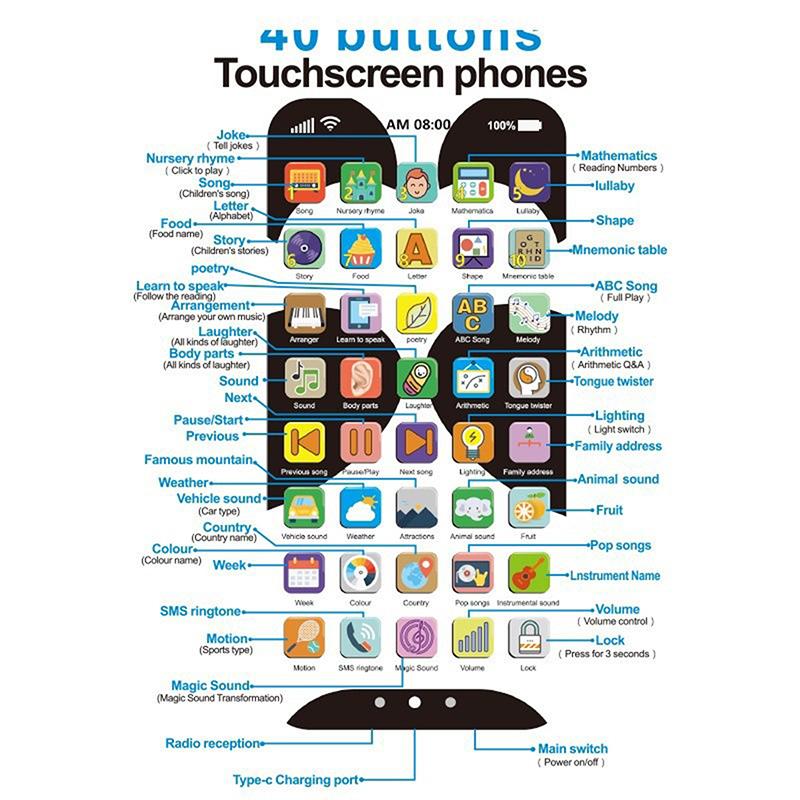 1 Set Smartphone Early Mobile Phone With Light Touch Screen Phone Rechargeable 10000 Functions Educational Content Kids Toy