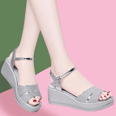 Damen Sandalen für 2025 Orthopädische Plateau Sommer Neue Mode Elegant Römisch Strass Keil High-Heel Sandale Frau Silber