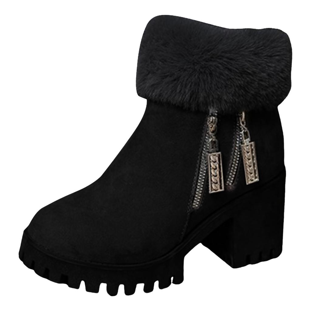 Plush Rolled Up Heel Women's High Heeled Winter Fashion Boots With Side Zipper Short Shaft Chunky Heel Suede Boots for Women