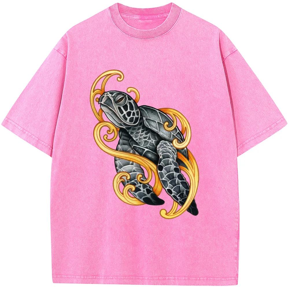 Turtle Printed Men/Women Washed T-Shirt Cotton Funny Loose Bleached Tshirt Retro Hip Hop Bleach T Shirt Tops