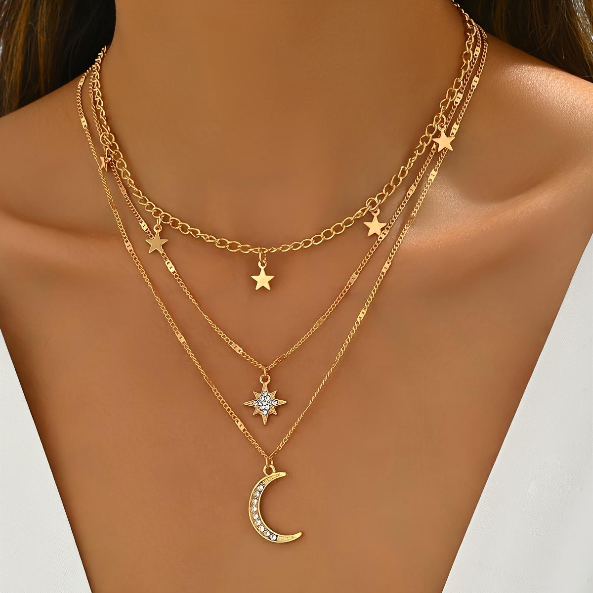 

Elegant Bohemian Layered Golden Necklace Star Moon Pendants Women Gift for Friend Everyday Wear rhinestone золотистый