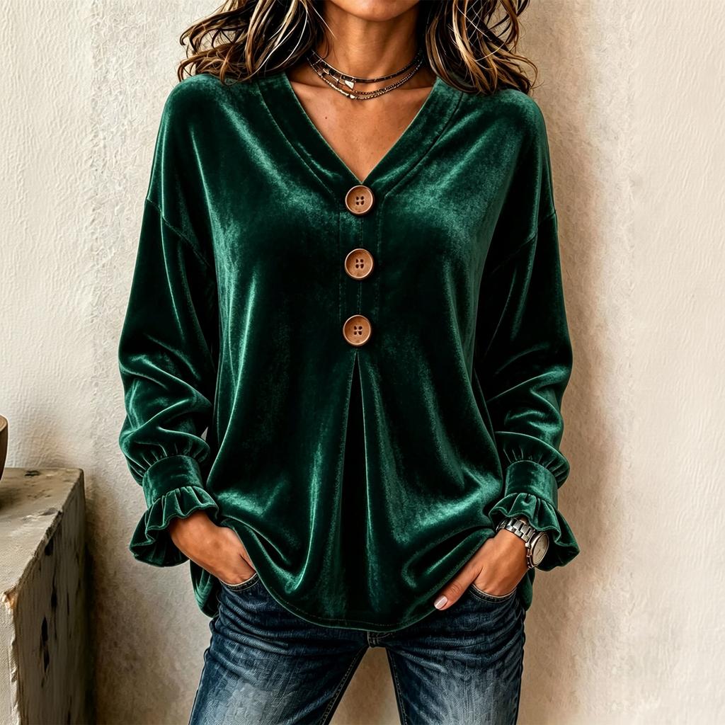 Women's Velvet V-Neck Long Sleeve Top Casual Loose Fit Color Blouse