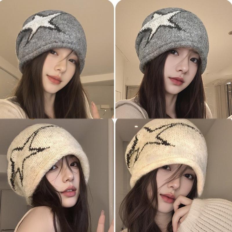Pile hat women's retro knitted bag hat new big head circumference confinement hat autumn and winter ear protection cold hat