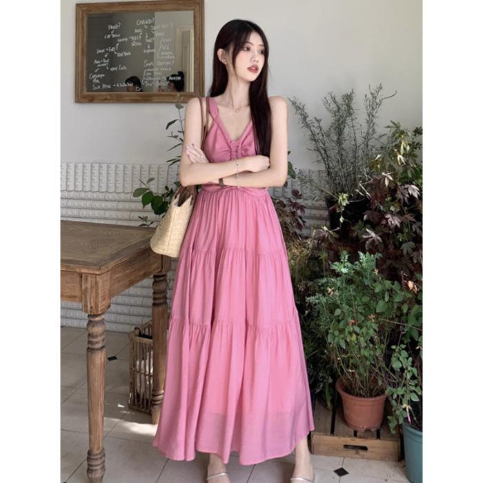 Fluffy princess dress first love suspender dress female sexy V-neck pleated backless strap waist A word medium and long skirt S