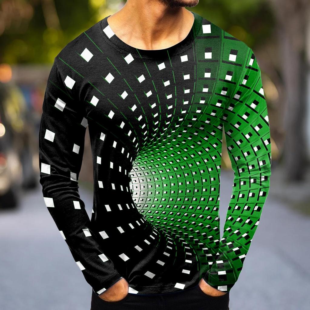 Men's Fashion Casual Printed Long Sleeve O-Neck Shirts Tops Blouse