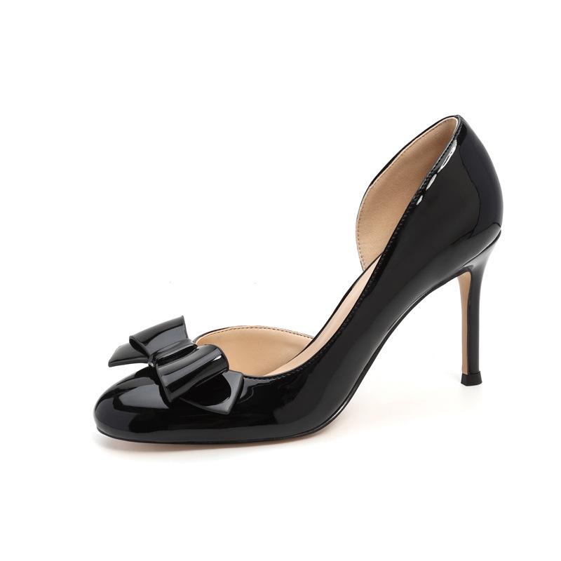 Patent Leather Nude High Heels: Round Toe with Bow, Side Cut, Shallow Mouth, Petite Fit for Women