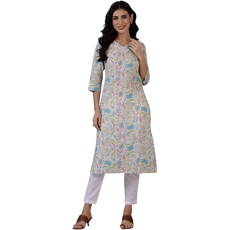 W for Woman Light Beige Floral Printed Pure Cotton Straight Kurta (Size: XL)-W12333-125455