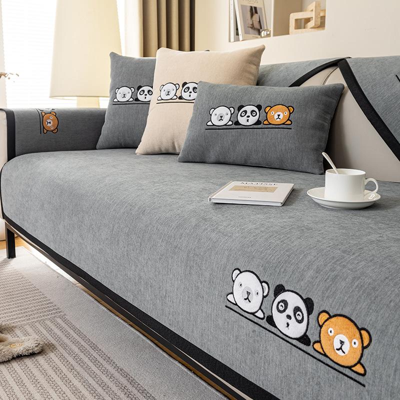 Cartoon Embroidery Sofa Cover Soft Chenille Solid Color Couch Cover Living Room Modern Simple Universal Non-slip Sofa Cushion