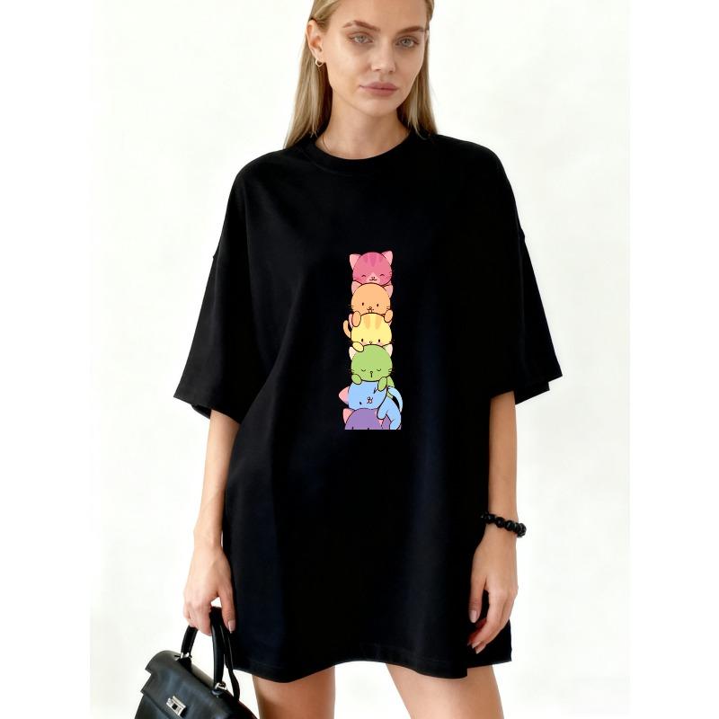 Oversized T Shirt Black Cute Cats Stack Print Casual Wear For Women S чёрный